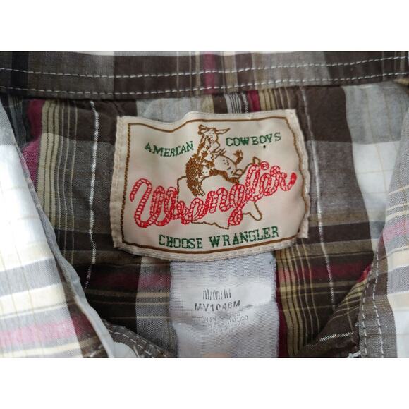 Wrangler Mens Medium Long Sleeve Brown/Red Plaid Pearl Snap Shirt - Picture 4 of 9